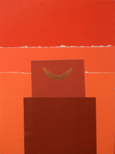 An abstract collage, featuring many rectangular forms in various shades of red.