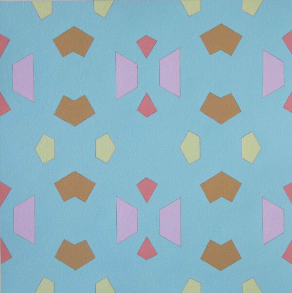 A patterned artwork featuring brown, yellow, pink, and rose shapes on a blue background.