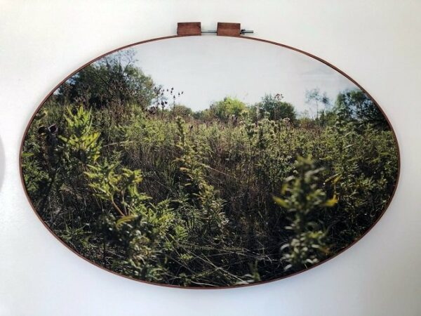 A landscape photograph printed on fabric and displayed inside a large custom built embroidery hoop. Artwork by Letitia Huckaby.