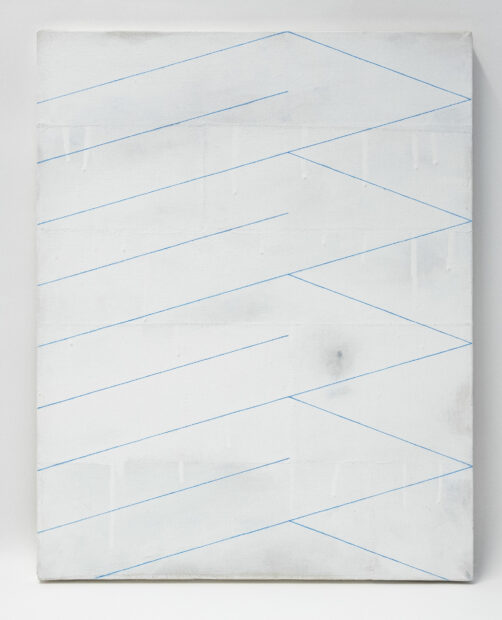 A white on white painting. Blue trapezoid-like shapes are outlined on the picture plane.