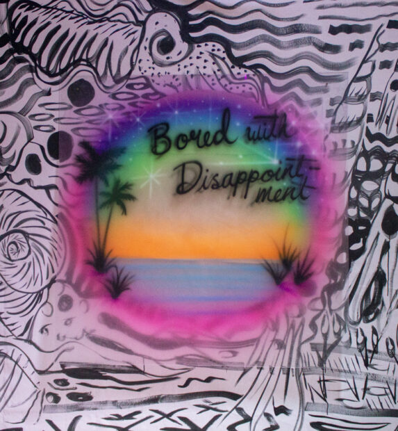 An airbrush painting of a beach sunset surrounded by a magenta halo, with the words "Bored with Disappointment" painted on it. The Painting is on plexiglass and is hung on a wall of black and white marine flora by Jules Buck Jones