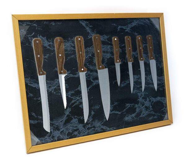 A realistic looking collage of wood handled kitchen knives.