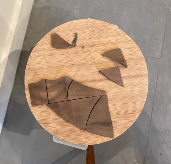 A collection of interlocking wooden shapes arranged on a round wooden table.