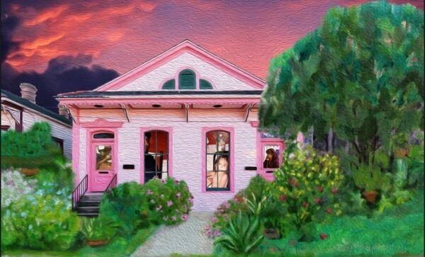 A digital collage by Hillary Rodrigues that depicts a pink home with a lush yard and a bright pink sunset in the background.