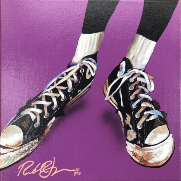 A painting by Robert R. Jones of a Black person wearing black torn Converse shoes with short white socks. The painting only reveals from the shins down so we do not know what the figure looks like beyond that. The image is set against a vivid purple background.