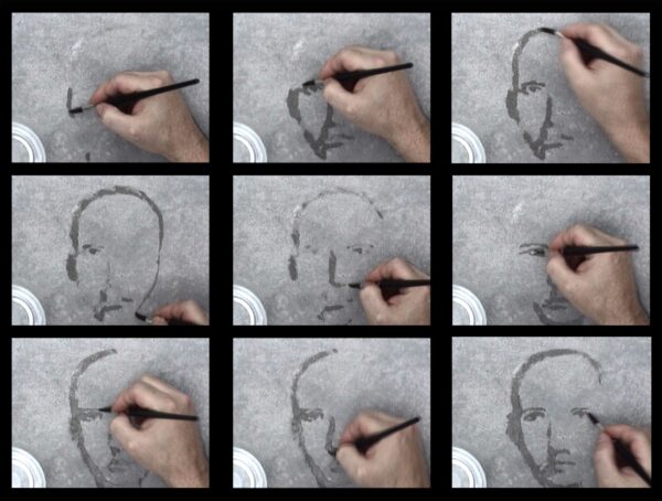 Image of video stills of the artist painting their portrait on cement with water.