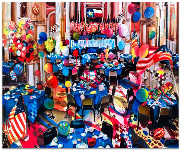 A large-scale painting by Rosson Crow that depicts a room set for a large celebration. Though no people are present, the room is filled with ballons, American flags, and patriotic decor. About nine large round tables with chairs take up the majority of the foreground and in the background is a rectangular table that seems to be set for a panel discussion.