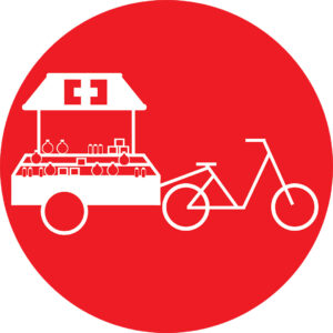 A designed graphic featuring a red circle with a simple drawing of a bicycle towing a cart that appears to hold vials and is covered by a canopy featuring a "+" symbol.