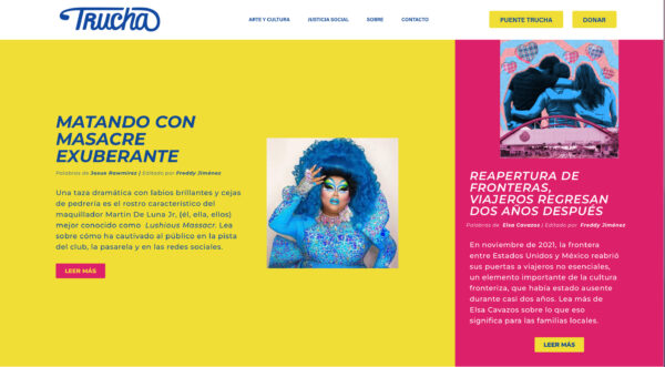 Captura de pantalla del sitio web de Trucha. Dominan los colores amarillo y rosa mexicano. 