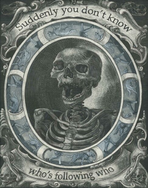 Print of a the upper part of of a skeleton