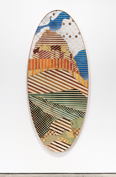 An abstract landscape by Zeke Williams. The work is on a slender oval piece of wood and incorporates layers with various patterning and paint colors.