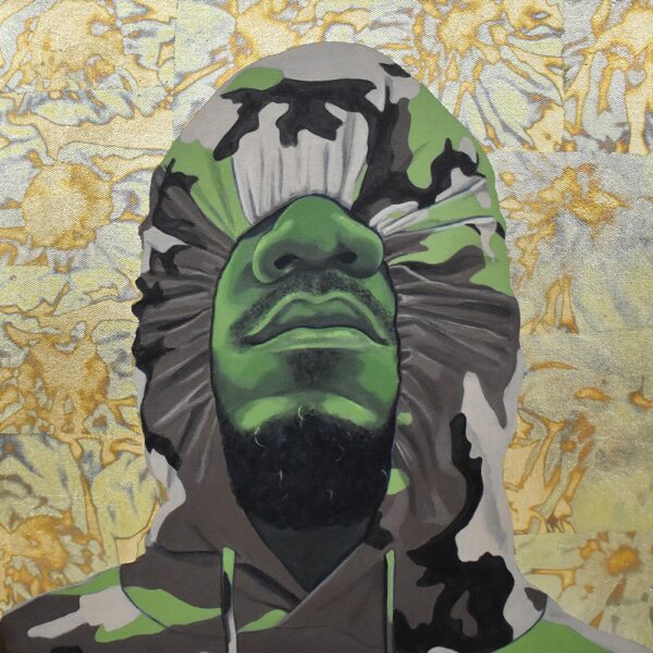 A painting by Clarence Heyward of a man wearing a camouflage hoodie with the hood pulled tightly over his head covering his eyes. 