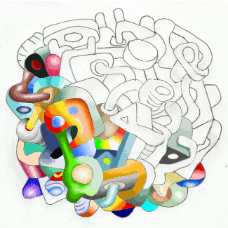 An animated GIF created by artist Tom Moody. The image includes a variety of interlocking organic shapes which transform from simple outlines to filled in objects with colors and shading.