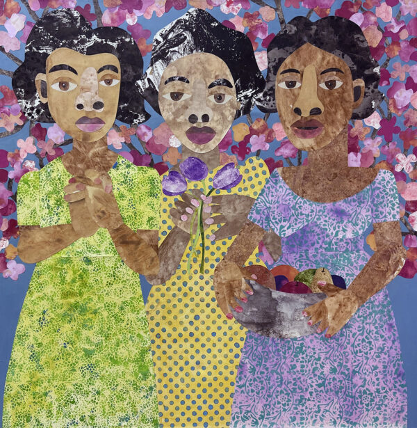 A mixed media collage work by Evita Tezeno featuring three stylized Black women wearing patterned dresses.