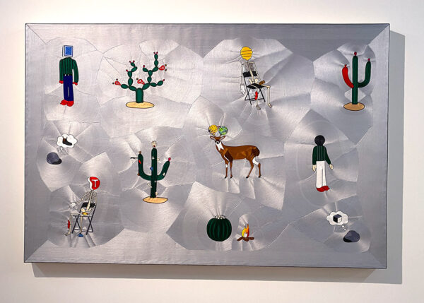 A work by Gabriel Rico using yarn coated in beeswax and adhered to a wooden panel. The work features various isolated images floating against a silver background.