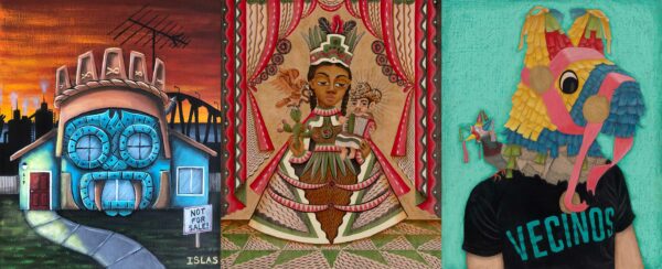 Image of three different paintings. One reminiscent of an olmec head turned into a house, a female saint holding a child, and a figure with a piñata head