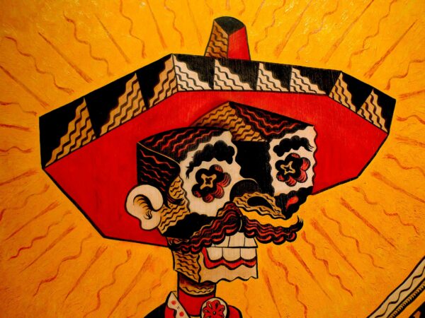Detail of a cubist style painting of Zapata in his Sombrero