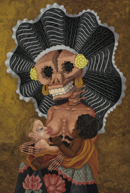 Cubist style painting of a calavera woman wearing a traditional Mexican head dress breastfeeding two infants