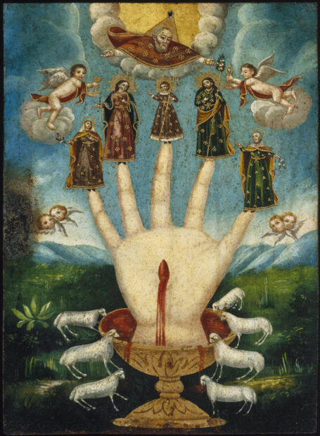 Classical painting of a stigmata hand with the saints on each finger