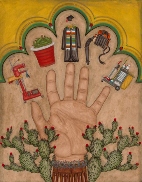 Contemporary version of a stigmata hand with the five saints on each finger