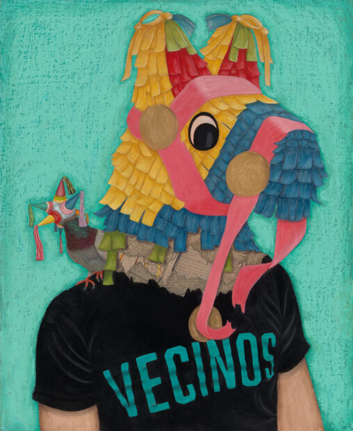 Painting of a figure with a pinata horse head