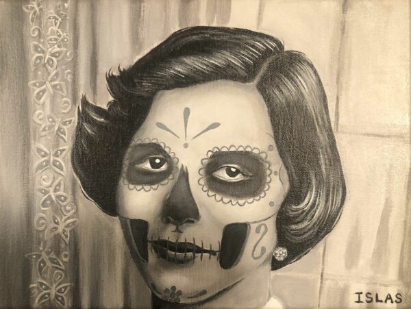 Black and white painting of a woman in Dia de los Muertos face paint