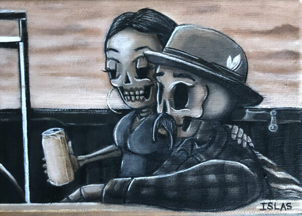 Painting of two calavera figures riding in a car