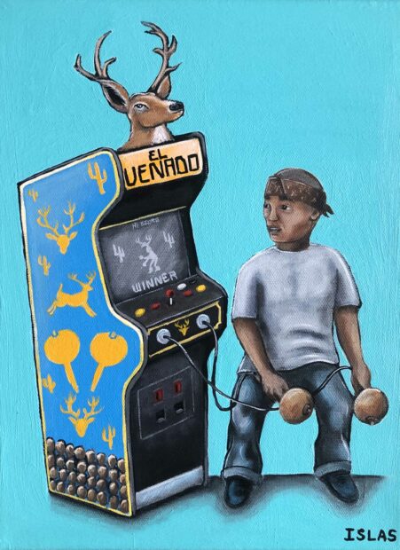 Painting of a cholo man playing a hunting video game