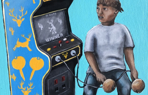 Detail of a cholo playing a hunting video game
