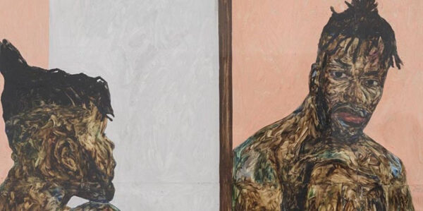 A detail of a painting by Amoako Boafo of a figure from two different perspectives. On the right a Black male figure looks directly at the viewer. On the right, the same figure is shown in profile. 