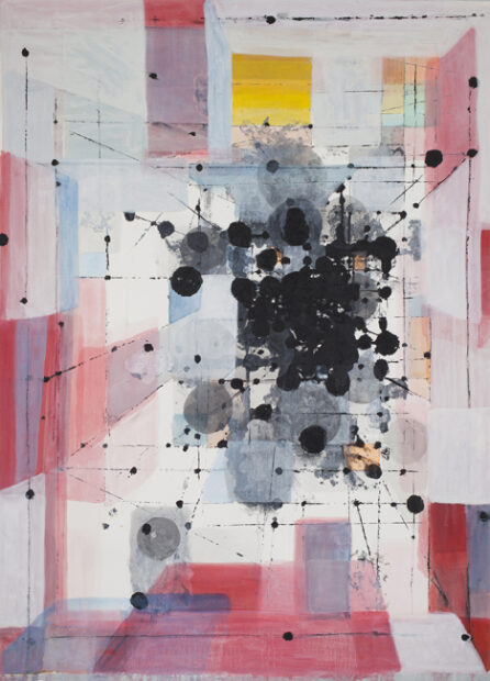 An abstract painting on view as part of "Nuanced Black," at the Community Artists' Collective. The artwork features pastel rectangular shapes and a large splatter of black paint in the center of the work.