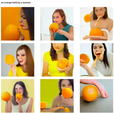 A panel featuring AI-generated photos of a woman holding an orange
