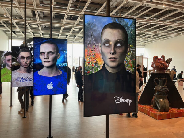Installation view of exhibition with four screens of zombies wearing corporation logos
