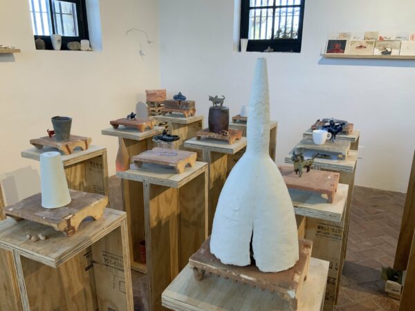 An installation view of sculptural works by Chris Powell on view at The Old Jail Art Center.
