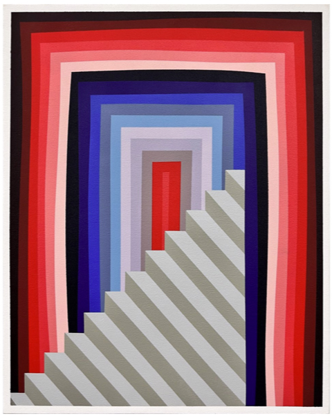 Vertical abstract painting with stairs in the foreground and a multicolored portal behind