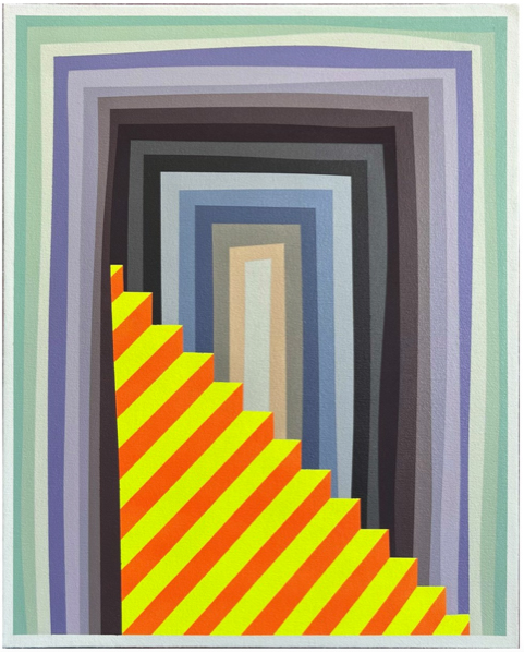 Abstract painting with flourescent yellow and orange stairs in front of a multi-colored vertical portal