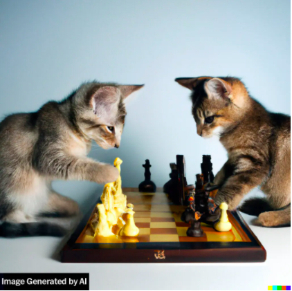 An AI generated image of two kittens playing chess
