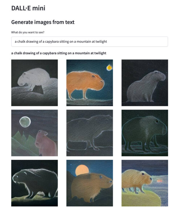 A panel featuring AI-generated chalk drawings of a capybara sitting on a mountain