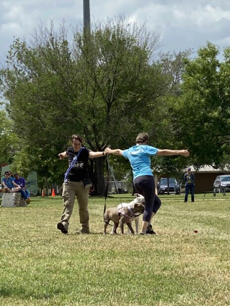 Photo of two people dancing a tango with their two dogs