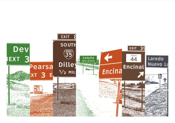 A digitally collaged image that includes six digitally manipulated photographs of road signs. Artwork by Ethel Shipton.