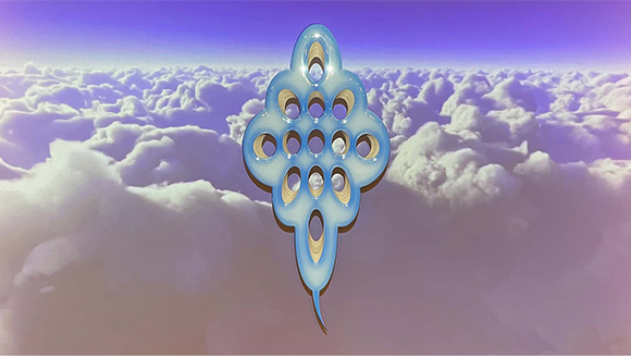 Image of a blue honeycomb looking object floating on clouds