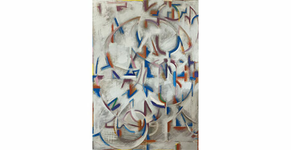 An abstract painting of primarily white hues is interrupted by curved and semi-curved blue and red brushstrokes
