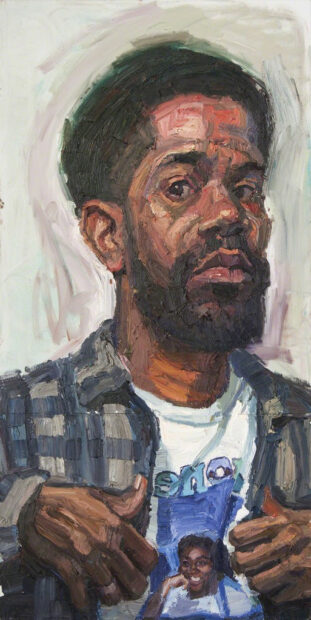 A self-portrait by Sedrick Huckaby. The figure is rendered in thick paint and looks at the viewer as he holds open a button-up shirt to reveal a memorial t-shirt. The t-shirt features the artist's sister who died.