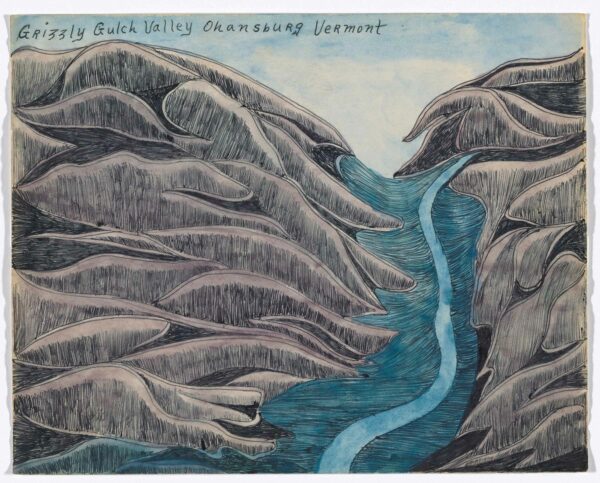 Dibujo en el que un paisaje de rocas redondeadas está separado por un río que desciende hacia el primer plano. Las palabras “Grizzly Gulch Valley Ohansburg Vermont” están escritas en color negro en la esquina superior izquierda.