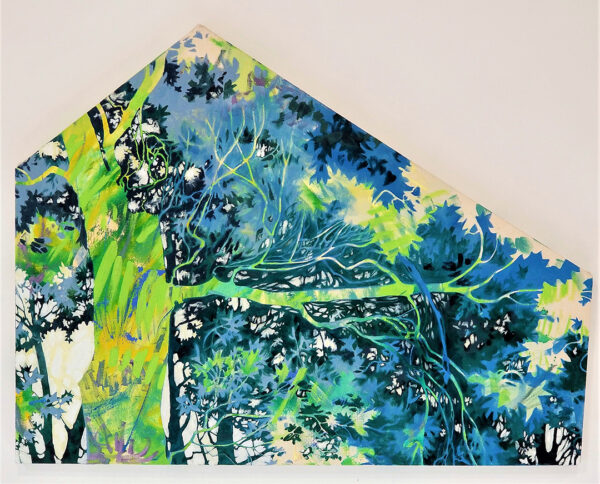 A painting of trees using vivid greens on the trunks and shades of blue and dark green for the leaves. The painting is made on an irregularly shaped canvas. Artwork by Lisa Horlander.