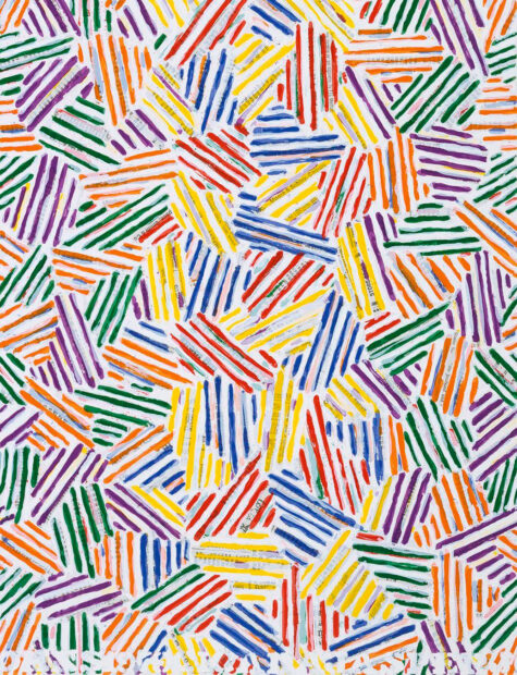An artwork featuring many criss-cross patterns in varying colors.