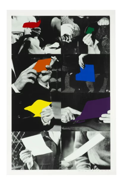 A screenprint and lithograph by John Baldessari featuring images of people's hands holding papers.