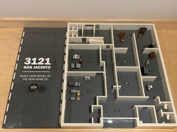 A to-scale lego model showing the floorplan of The Printing Museum's new building in Houston. 