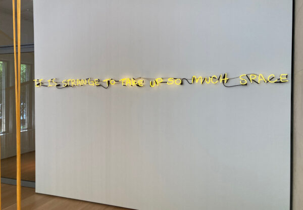 A yellow neon installation that reads "It is strange to take up so much space" hung on the wall