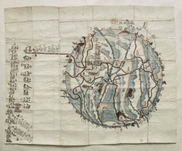 A 16th century map depicting the town of Teozacoalco. The map is circular and intricately drawn fearuring many small figures and lines.